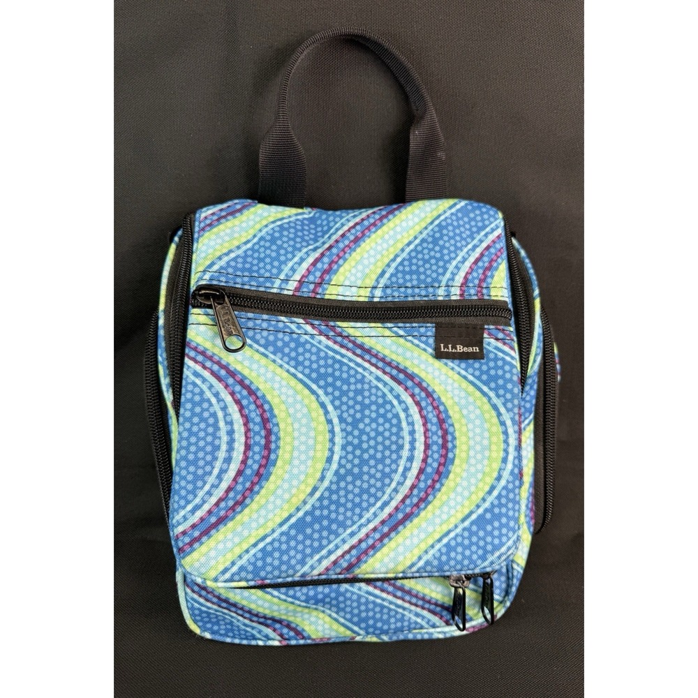 L.L. Bean Personal Toiletry Hanging Travel Bag Vibrant Blue & Green Wavy Pattern